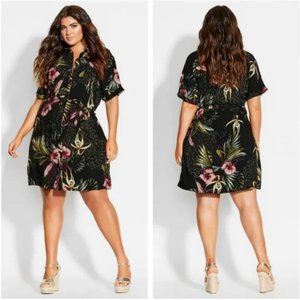 City Chic Tropical Hawaiian Floral Button Front Shirt Dress Tie Waist [Small/16]